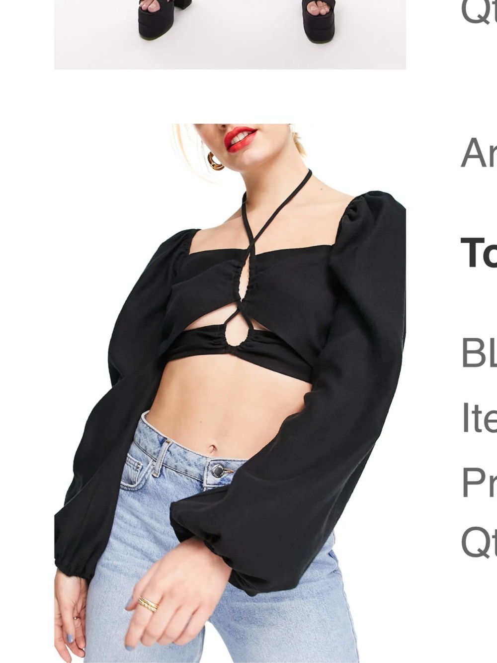 Topshop Black Long Sleeve Cutout Crop Top